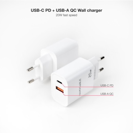 Caricatore da muro Nanocable USB-C/PD + USB-A/QC 20W Bianco