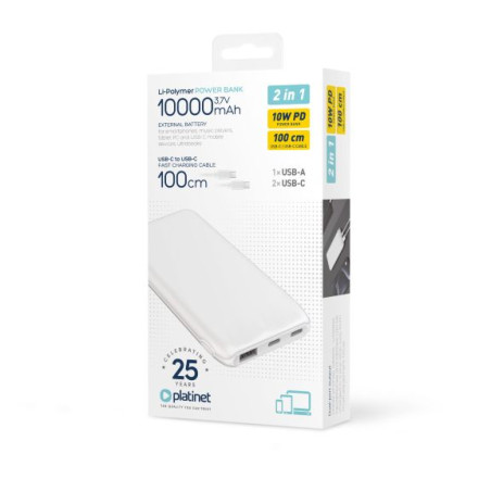 Power Bank 10000 mAh 3,7V 37Wh 12W 2x USB-C 1x USB-A Bianco